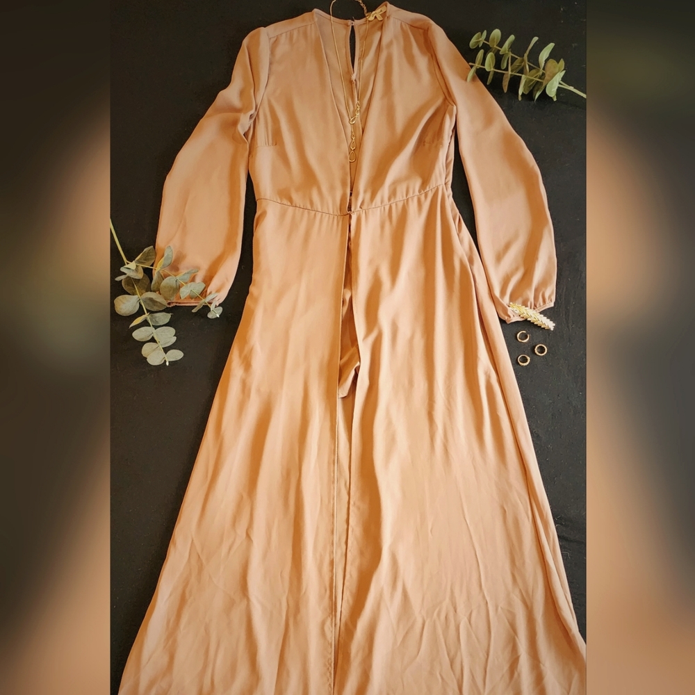 Beige Plunging Neckline High-Low Dress